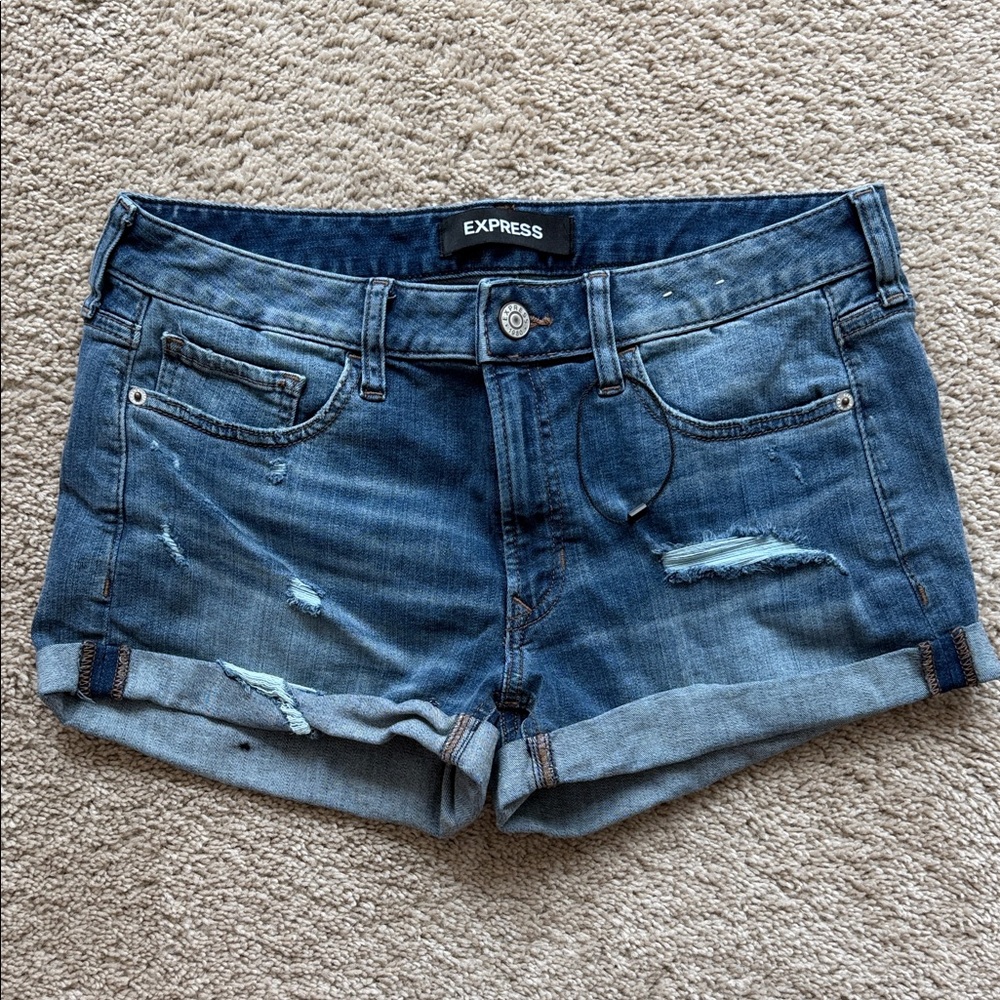 Express Distressed Dark Blue Denim Rolled-Hem Shorts